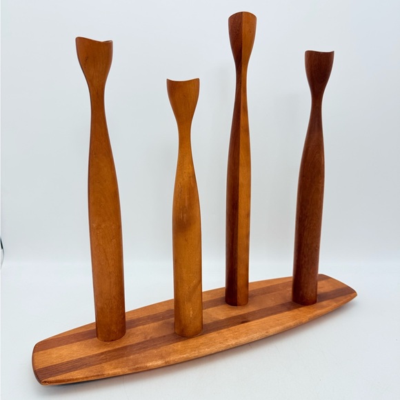 Vintage Danish Modern Teak Candlesticks | Tulip Form | MCM Scandinavian - Picture 3 of 14